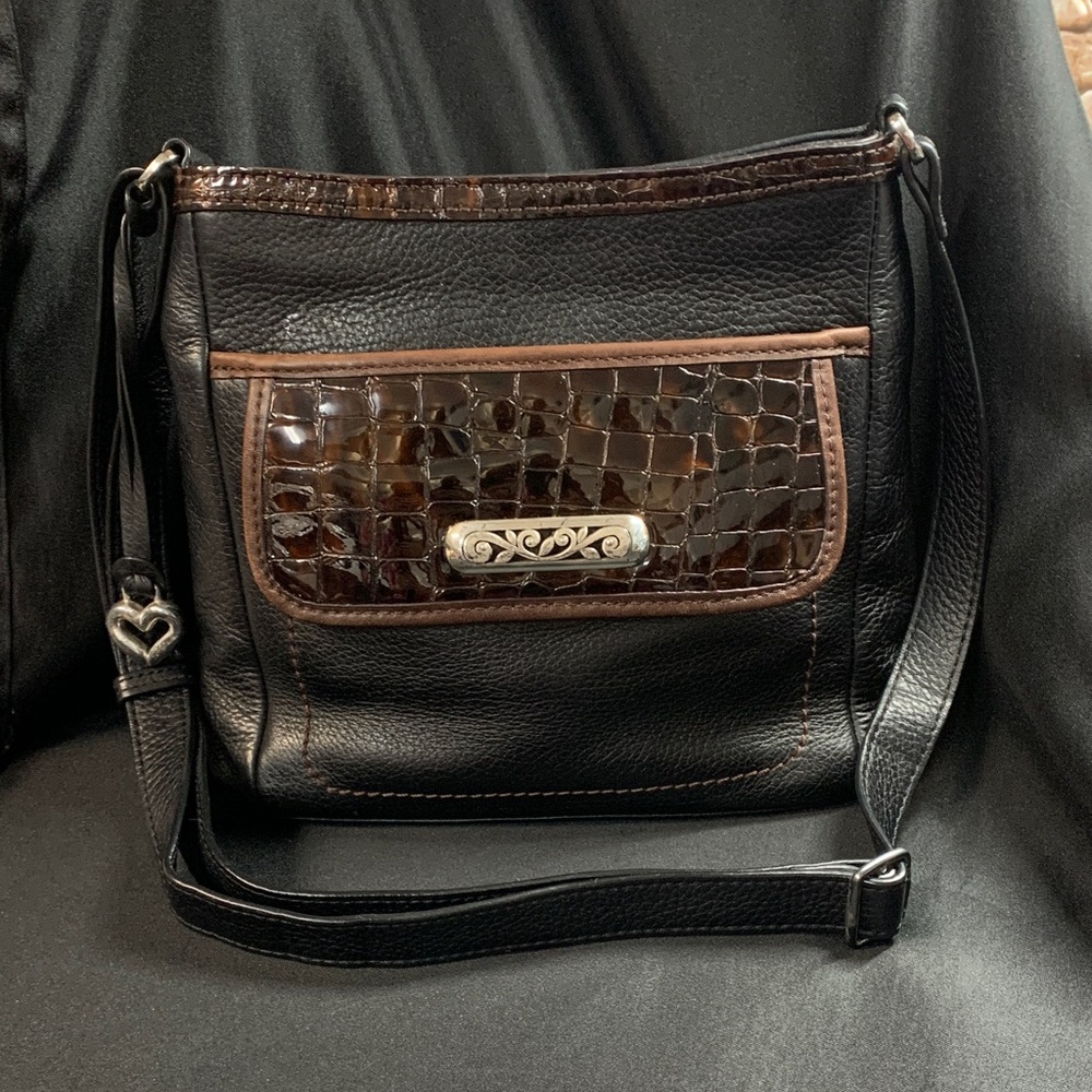 Brighton  Eve"s Delight Black Leather/Croc Crossbody Bag  With Wallet In Back